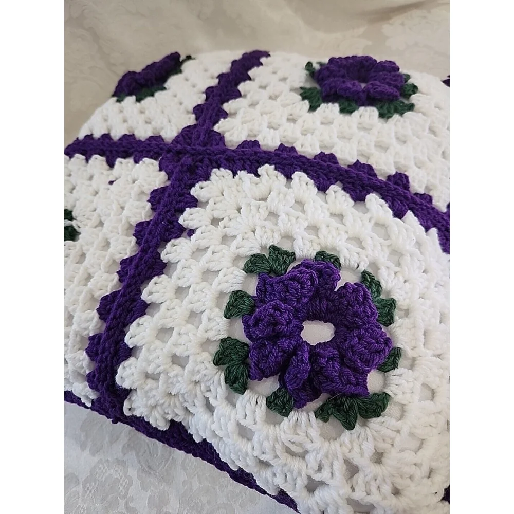 NEW, Hand Crochet Granny Square Throw Pillow Purple White 20